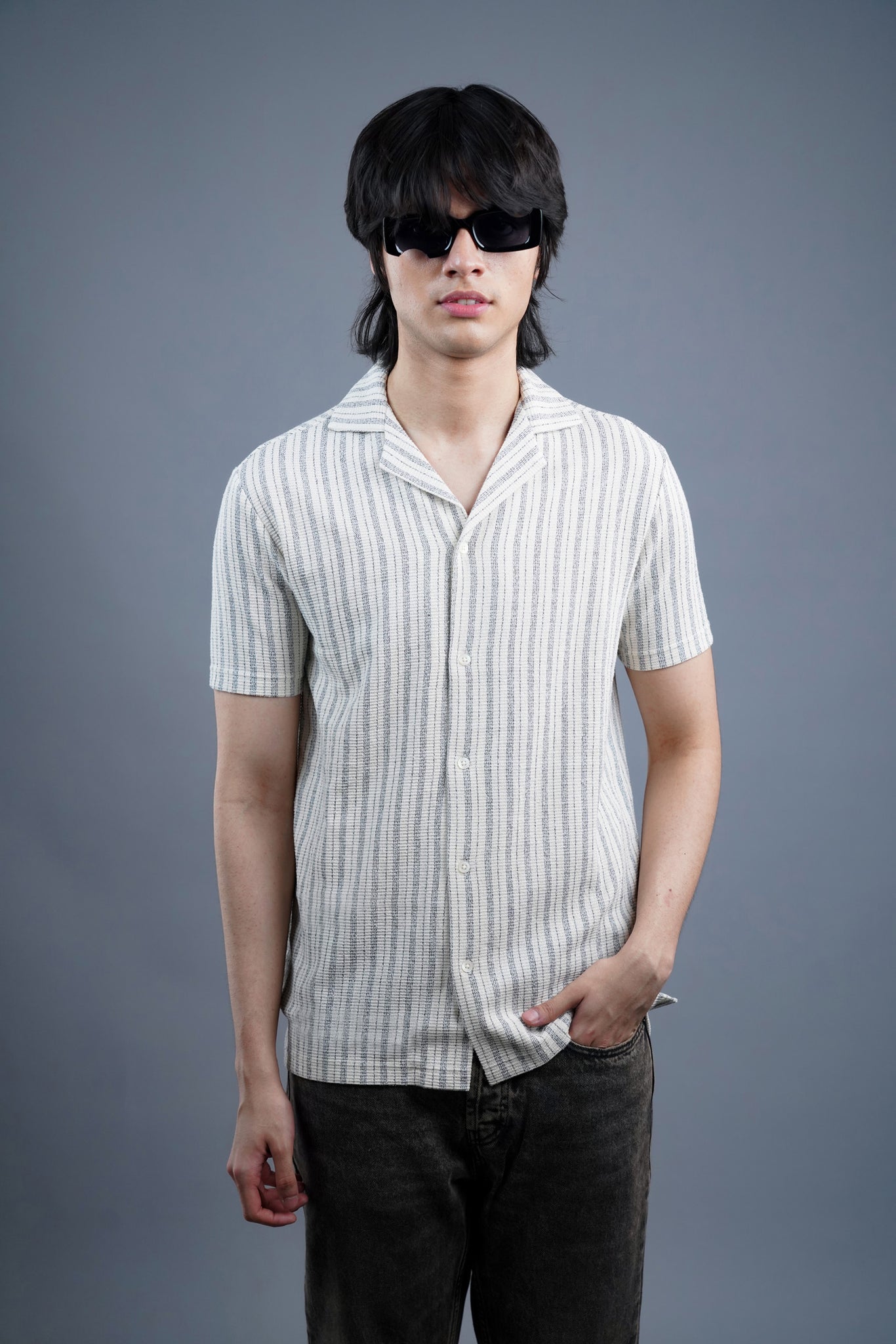 Lining Jacquard Half White Shirt