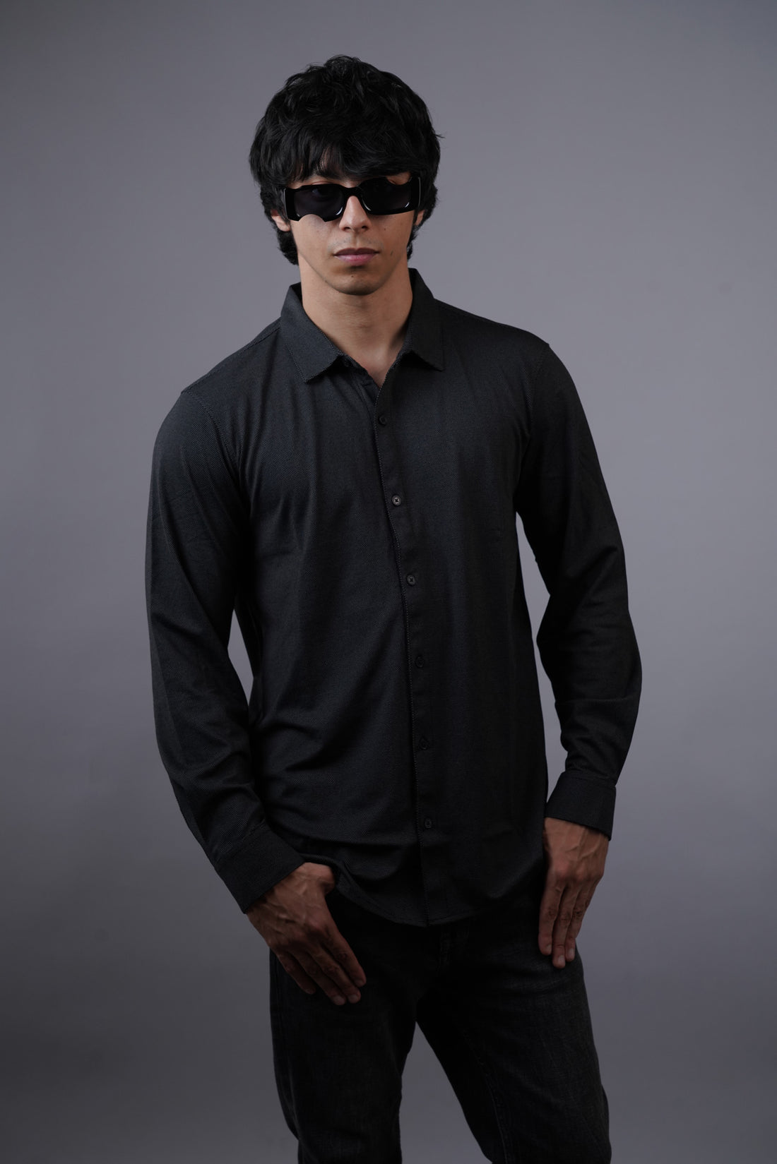 Dot Knit Black Full Sleeve Shirt